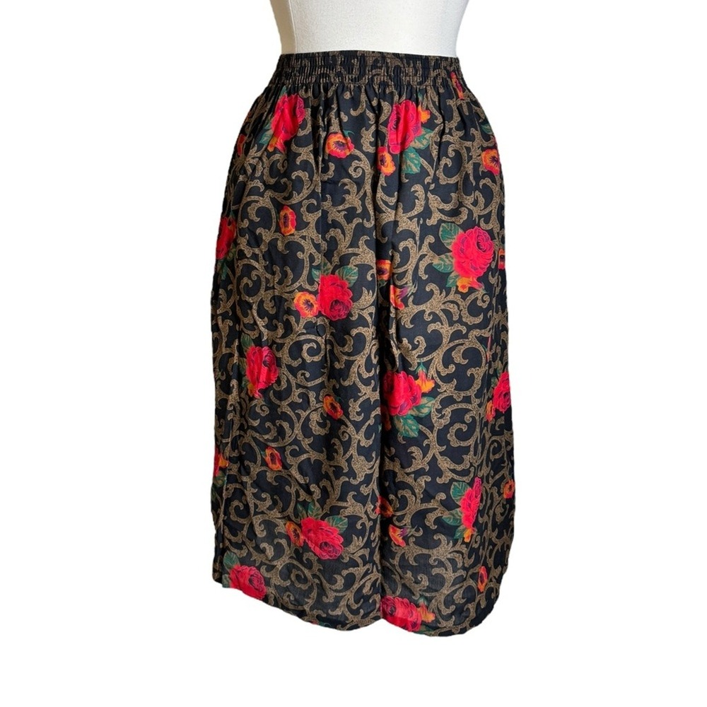 Vintage Rose‎ Floral Elastic Waist Retro Pull On Midi Skirt Women's Size Medium